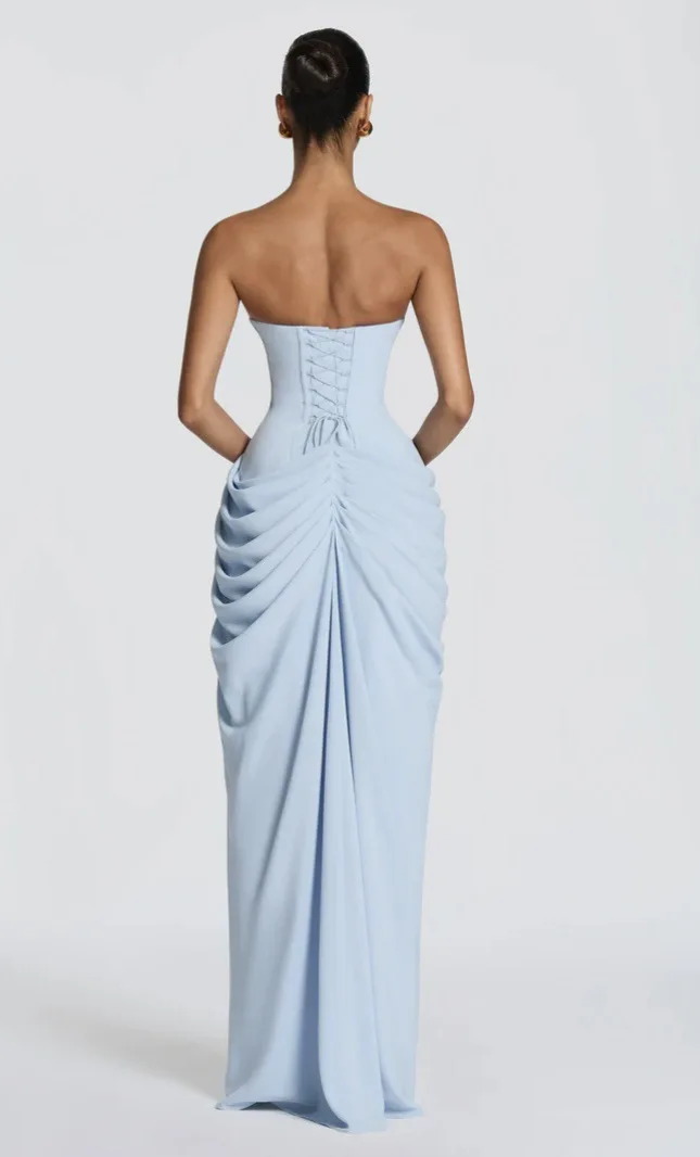 Mingmingxi Spring Summer Yellow Strapless Maxi Dress Ruched High Slit Evening Gown Bodycon Wedding Guest Party Dress Women