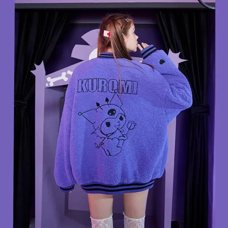 Anime Kuromi maglia da Baseball in lana di agnello Sanrioed autunno inverno cartone animato peluche giacca in cotone addensare cappotto ragazza