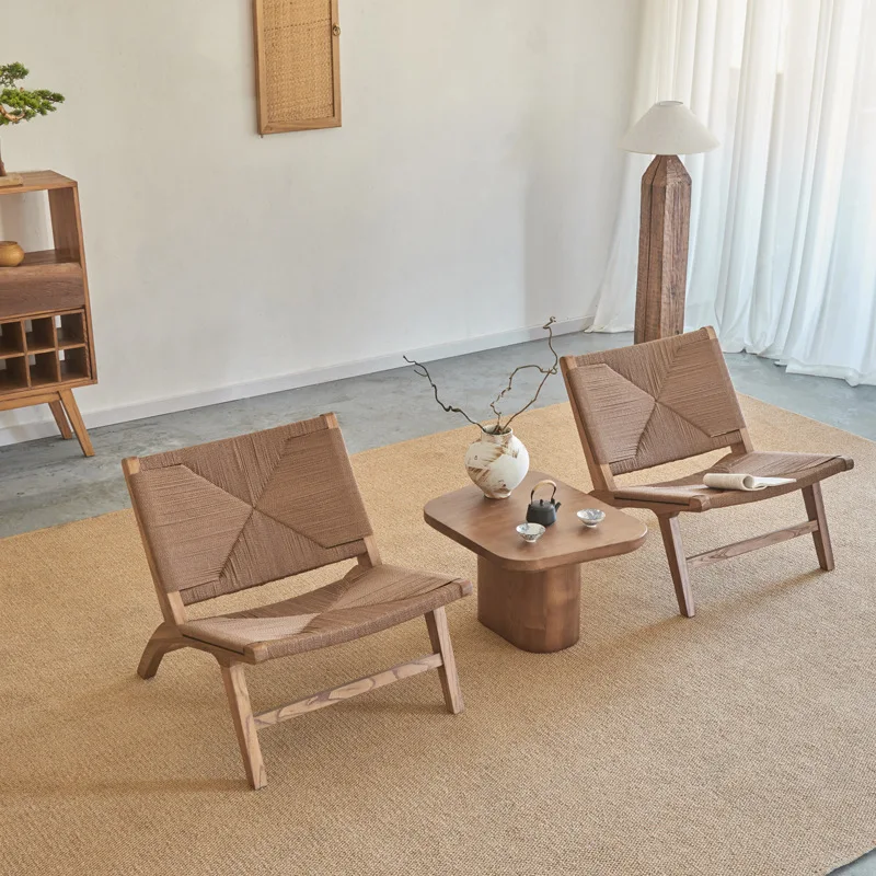 sofa chair, one table and two chairs in the family living room, retro solid wood balcony chair.