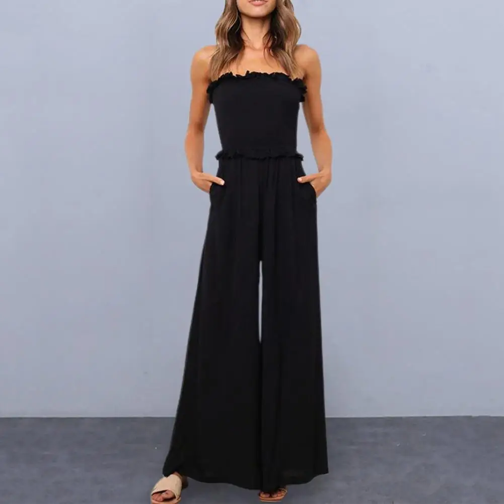 Women Party Jumpsuit Off Shoulder Shirring Backless Sleeveless Dating Elastic Bust Wide Leg Summer Jumpsuit Women Clothes