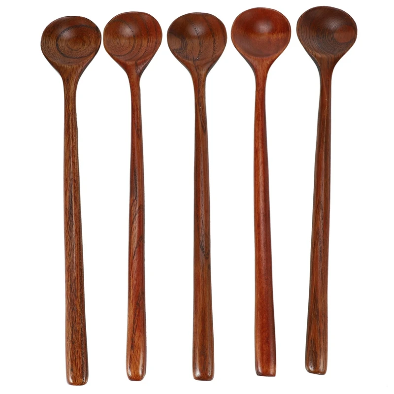 

Long Spoons Wooden, 5 Pieces Korean Style 10.9 Inches 100% Natural Wood Long Handle Round Spoons For Soup Cooking Mixing Stirrer