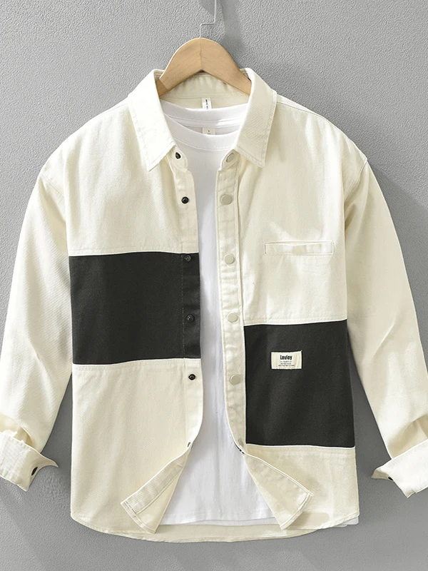 Casual Long Sleeve Workwear Shirt Men's Trendy Brand Loose Spring Autumn Jacket Coat Color Block Contrast Artistic Fashion