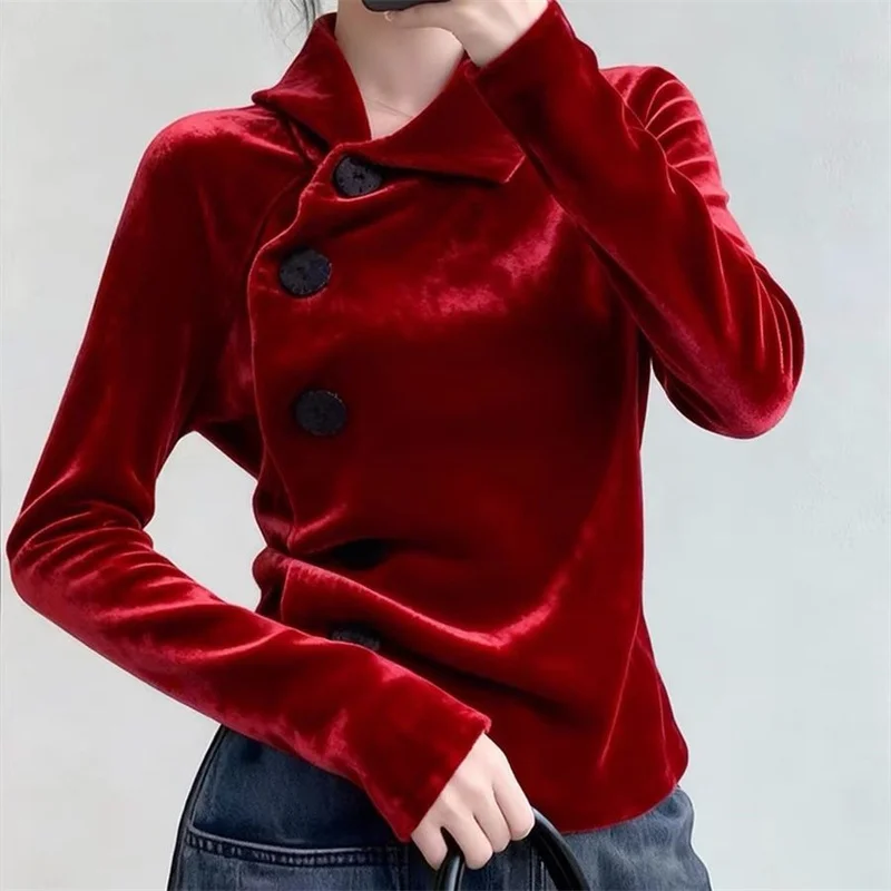 赤い襟の斜めベルベットシャツ、新中国風婦人服2025新スタイル、見事で美しいインナー＆アウタートップス