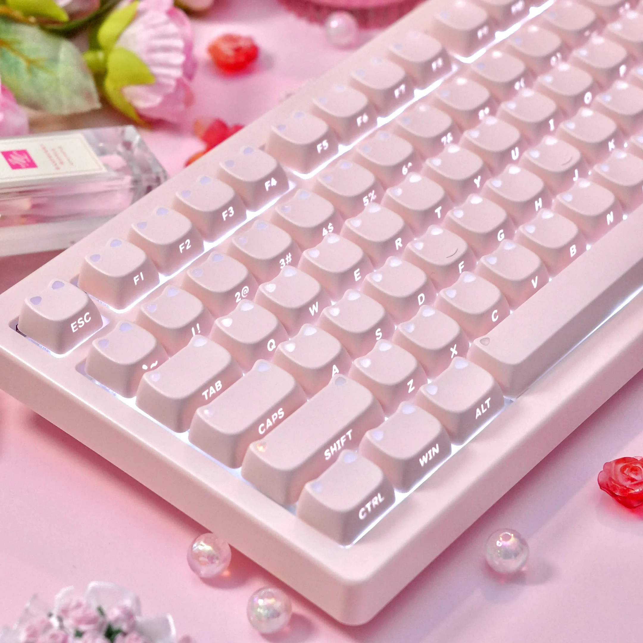 Pink Cute Cat Ear Side-lit Shine Through Keycap MAO Profile Double Shot PBT Keycaps for Cherry MX Switches Mechanical Keyboard