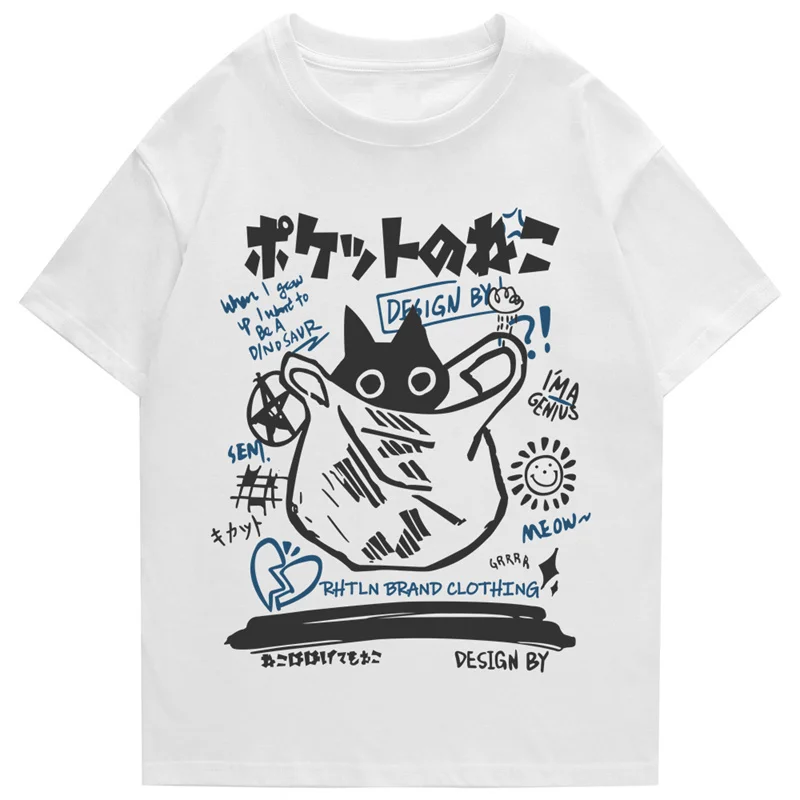 Camiseta Hip Hop para Hombre, Estilo Urbano, con Estampado Divertido de Gato en Kanji Japonés, 2026, Harajuku, Algodón, Casual, Manga Corta