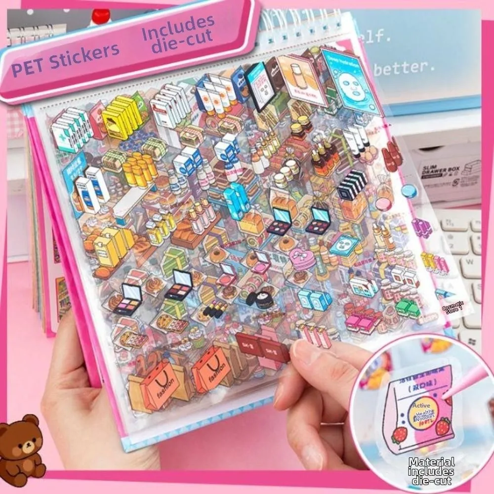 3D Miniature Shop Scene Collection 10 Sences Stacking Pasting Landscape Sticker Book Modern Shop Architecture Scene DIY Sticker