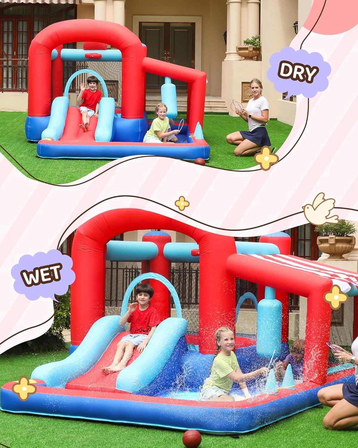 Inflatable Bounce House with Slide, Jumping Castle with Blower,Children Outdoor Playhouse with Jumping Ball Pit&Basketball Hoop&