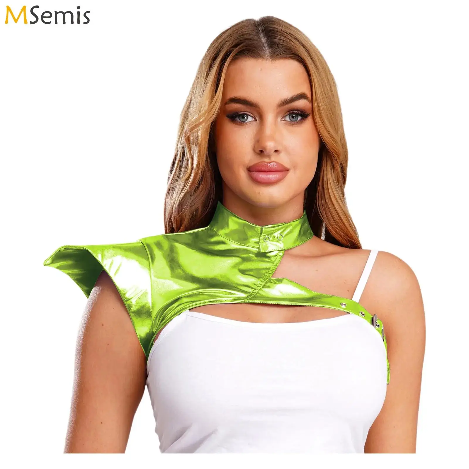 Womens Gothic Steampunk Tops Shoulder Armor Fly Sleeve One Shoulder Adjustable Buckle Metallic Shiny Shrugs Shawls Raves Costume