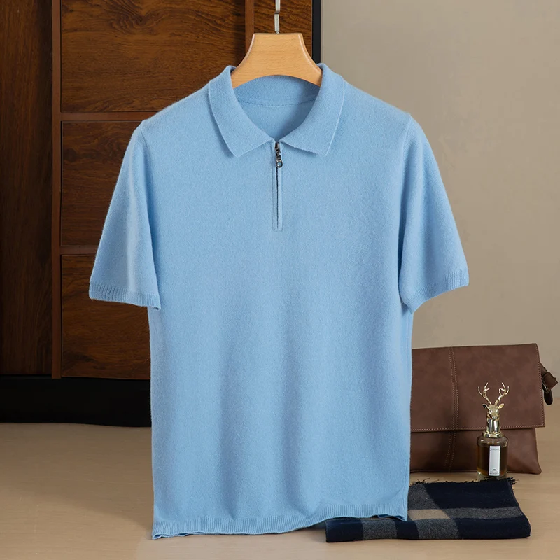 Men's 100% Merino Wool Half Zip Polo Collar Short Sleeve Knitted T-Shirt Casual Business Vest Lapel Pullover for Autumn/Winter