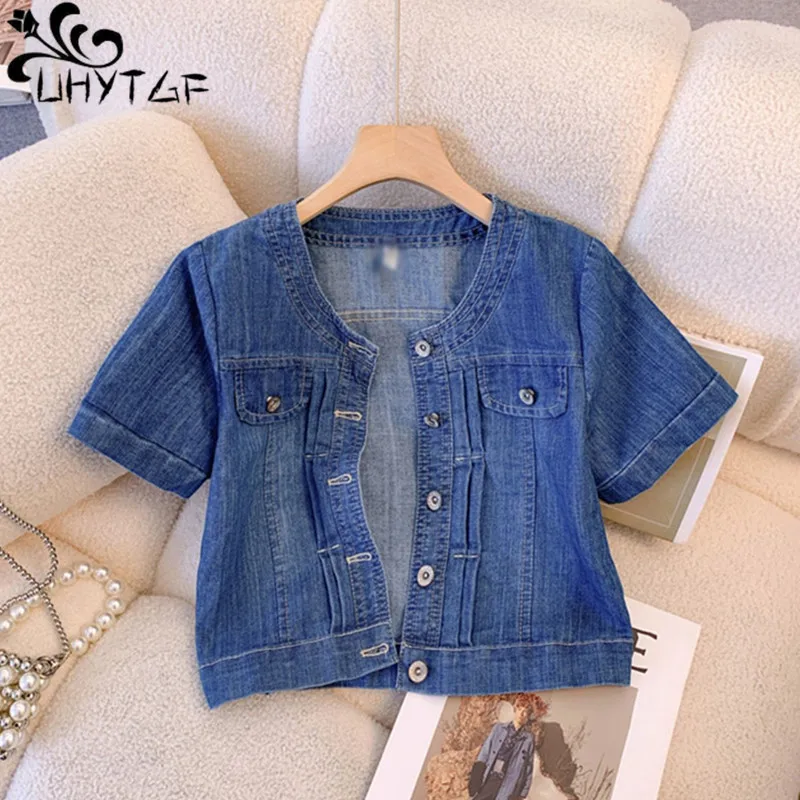 UHYTGF Short-Sleeved Denim Jacket Womens 2023 O Neck Summer Jeans Shirt Female Single Breasted Casual Short Thin Top Ladies 2605