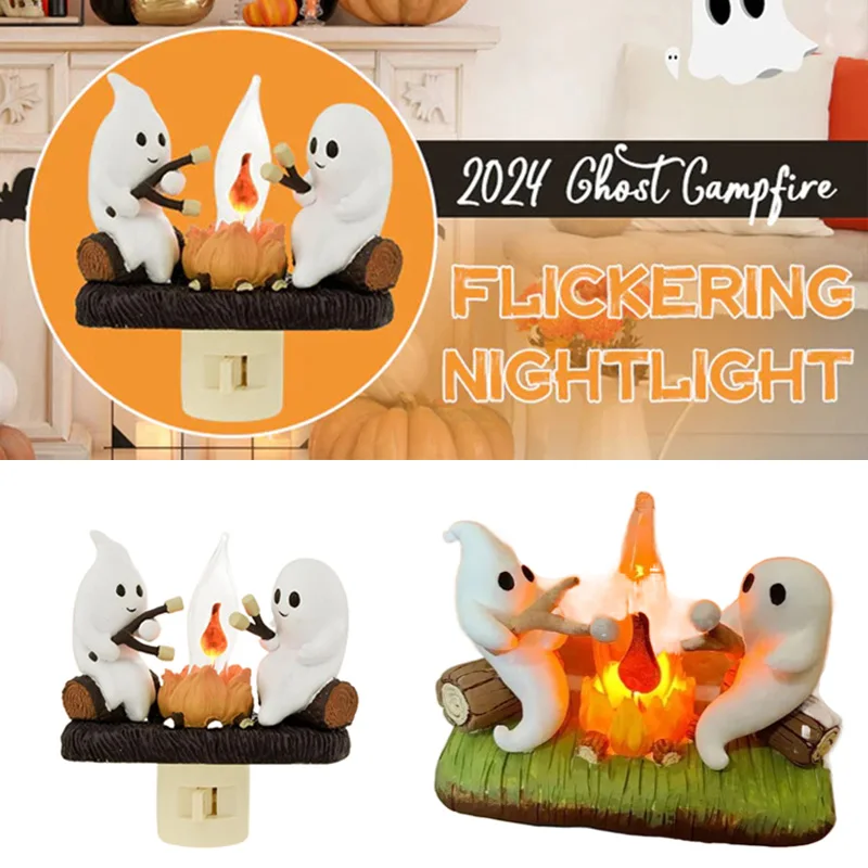 Ghost Campfire Flickering Nightlight Halloween Ghost Bonfires Flashing Lights 2 Ghosts Roasting Plug Wall Spooky Fire Nightligh