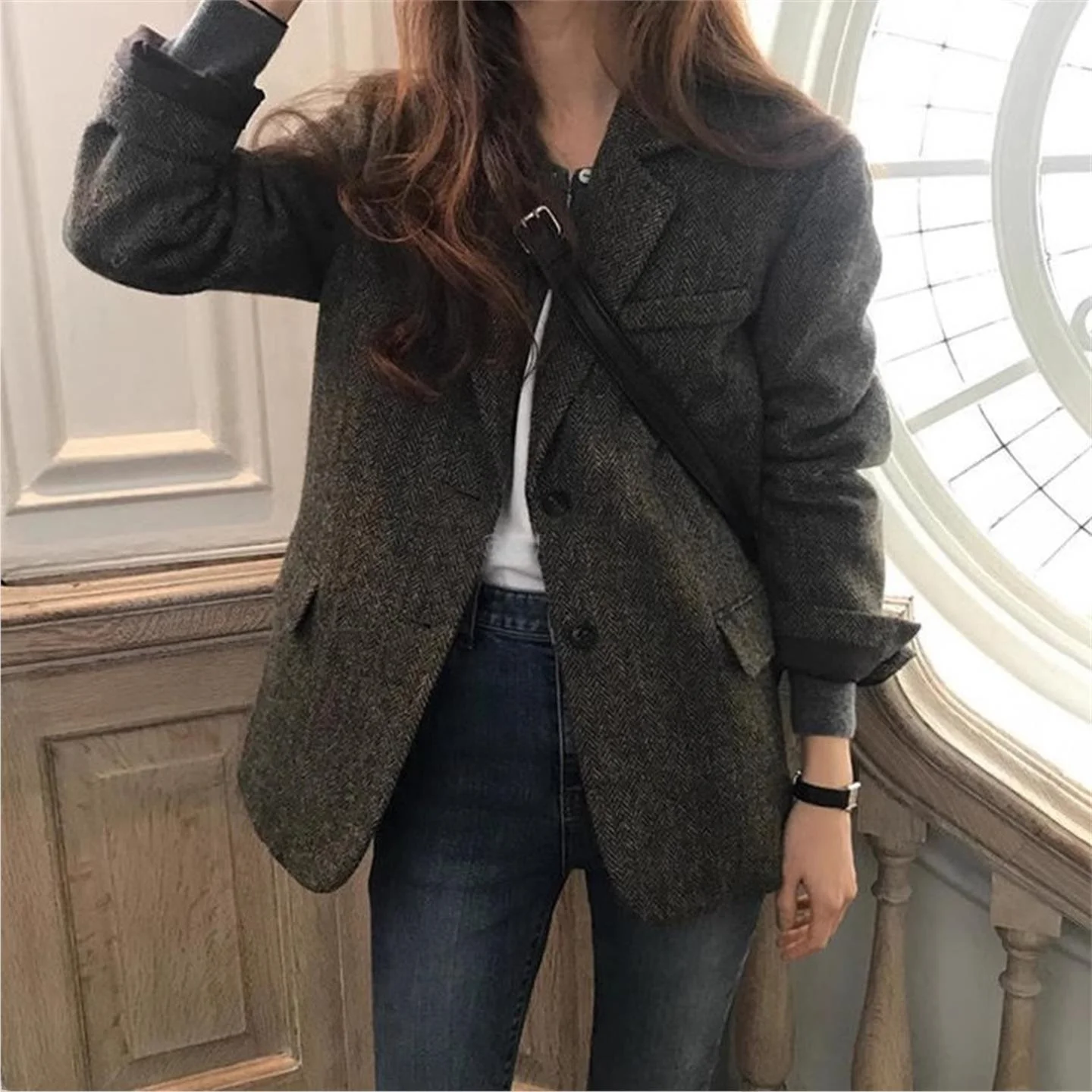 

Pure Color Women's Suit Jaet Autumn Winter Woolen Coat Versatile Size Large Fem Commuter Sle Long Sve Polyester Fiber
