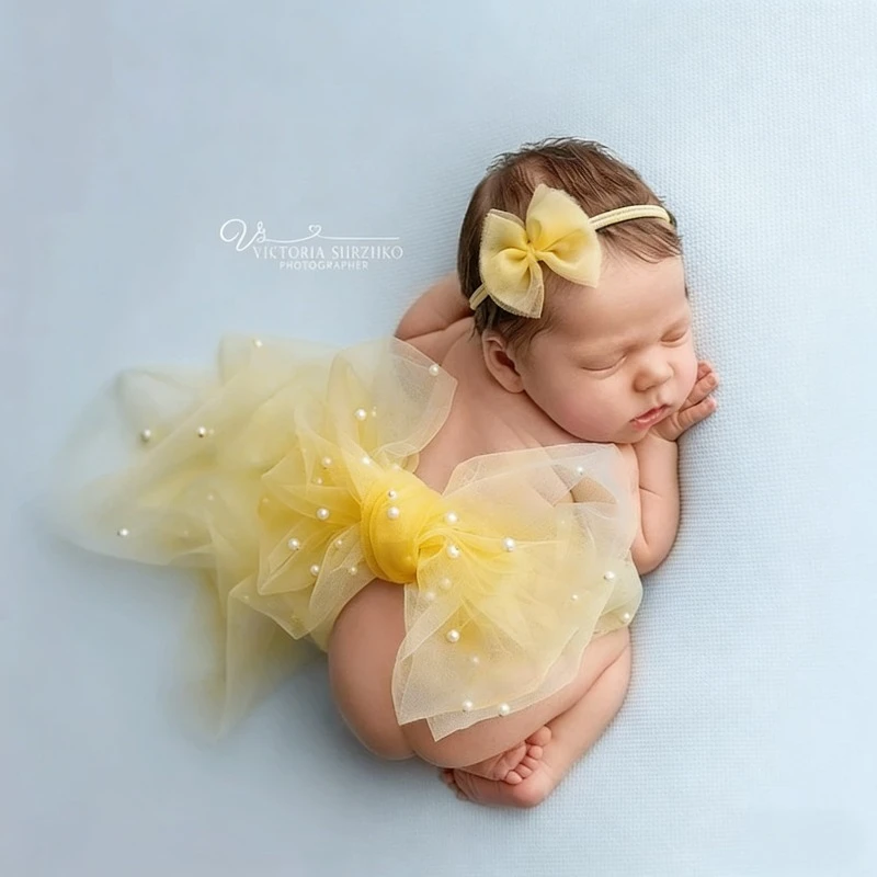 4M Newborn Photography Wrap & Headband, Pearl Tulle Baby Swaddle Blanket - Bowknot Belt,Baby Girl Photo Shoot Prop,Infant Posing