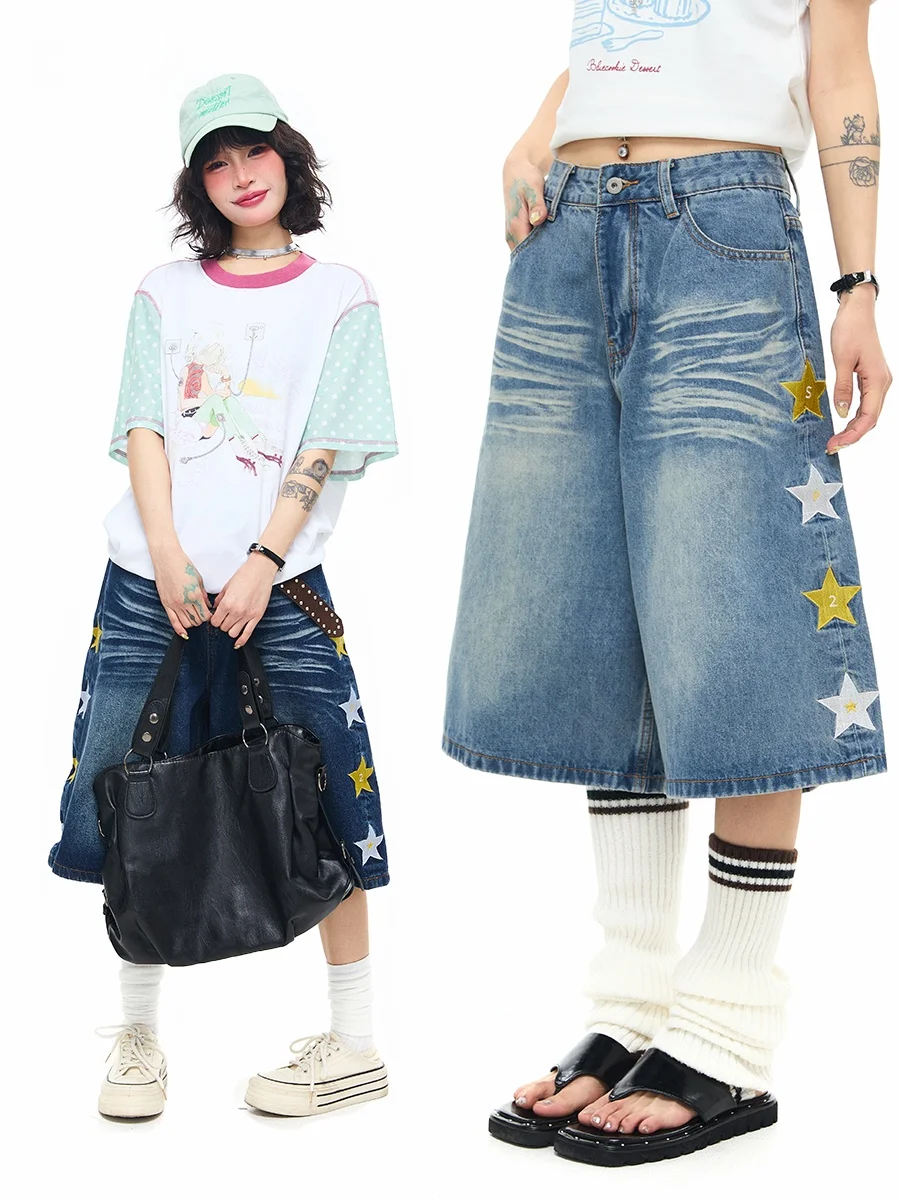 

Шорты-джинсы Sanowers в американском уличном стиле с вышивкой звезд, свободные, широкие, женские, повседневные, удобные, для пар