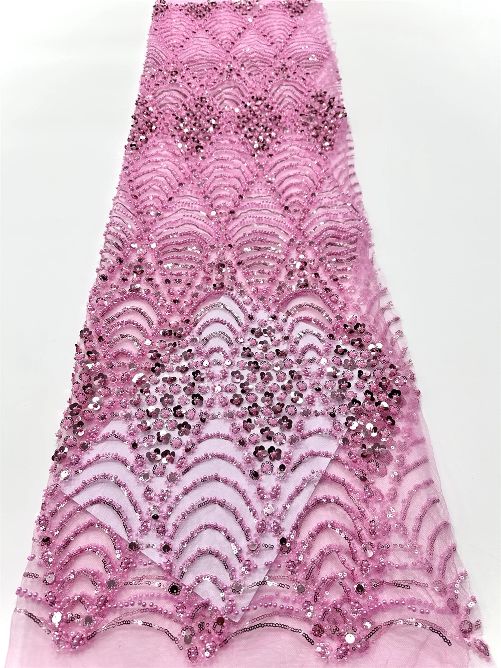 

Pink African Handmade Beads Lace Fabric 2025 High Quality Nigerian Sequins French Tulle Fabric Material For Wedding Party Dress