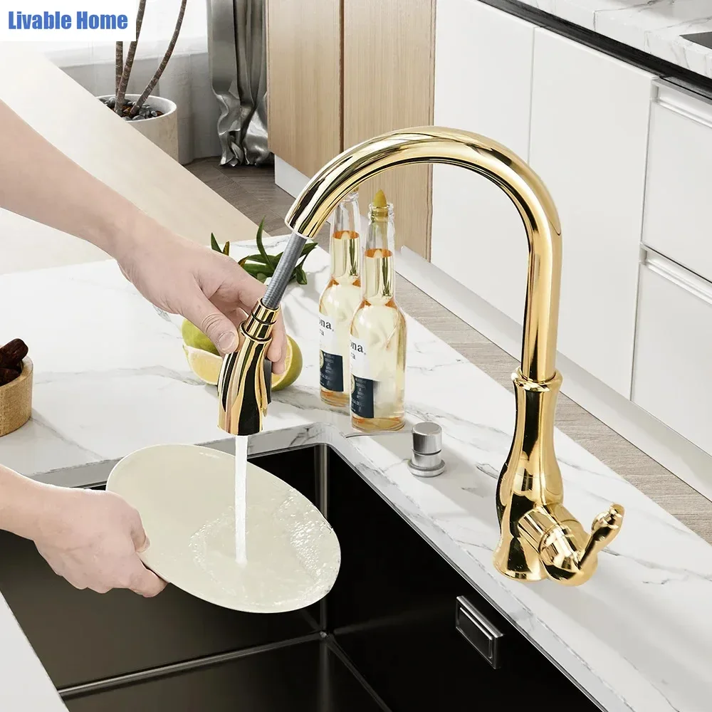 Copper Sink Kitchen Mixer Tap with Pull-Out Swivel Spout and Splash Guard for Domestic Use