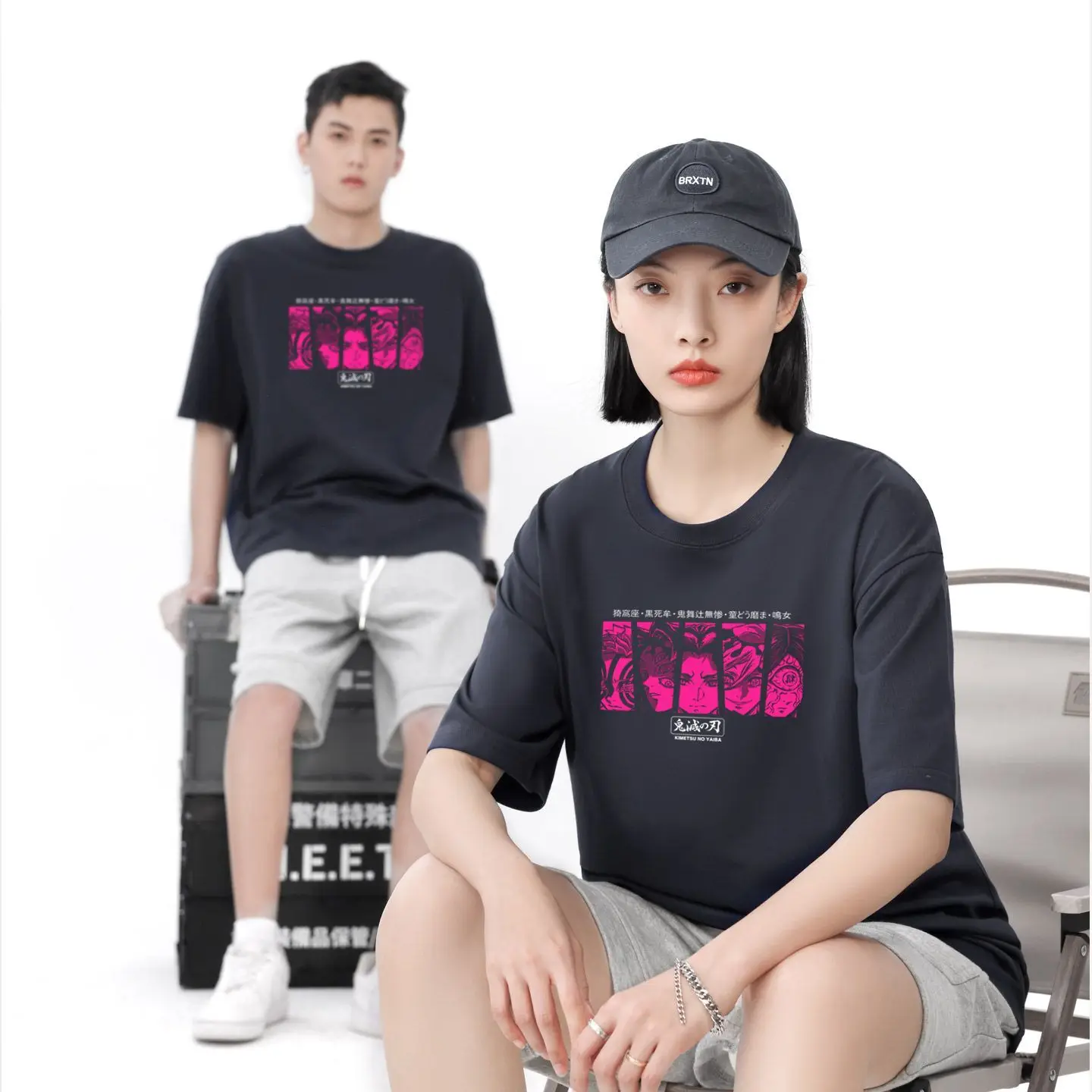 Kimetsu No Yaiba 2025 été hommes noir coton t-shirt infini château motif Akaza noir sang lune et Nezuko Anime imprimer