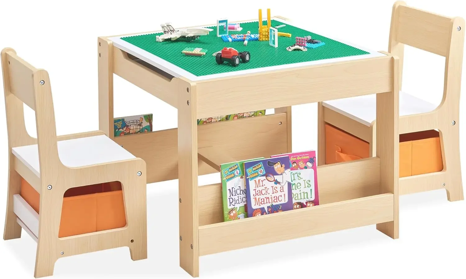 Kids Table and Chair Set, 3 in 1 Wooden Activity Table with Bookshelves and Storage Drawer, 2 in 1 Detachable Tabletop Construct