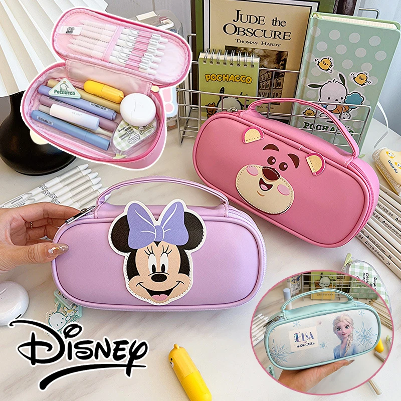 Disney Minnie Mouse Elsa Pencil Bag Cartoon Large Capacity PU Leather Stationery Box School Students Handbag Pen Storage Case