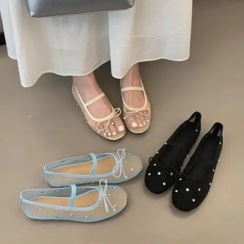 여성용 플랫 슈즈 메쉬 어퍼 라운드 헤드 보우 타이 슈즈 여성용 원 킥 야외 일일 통근 라인 석 Zapatillas De Mujer
