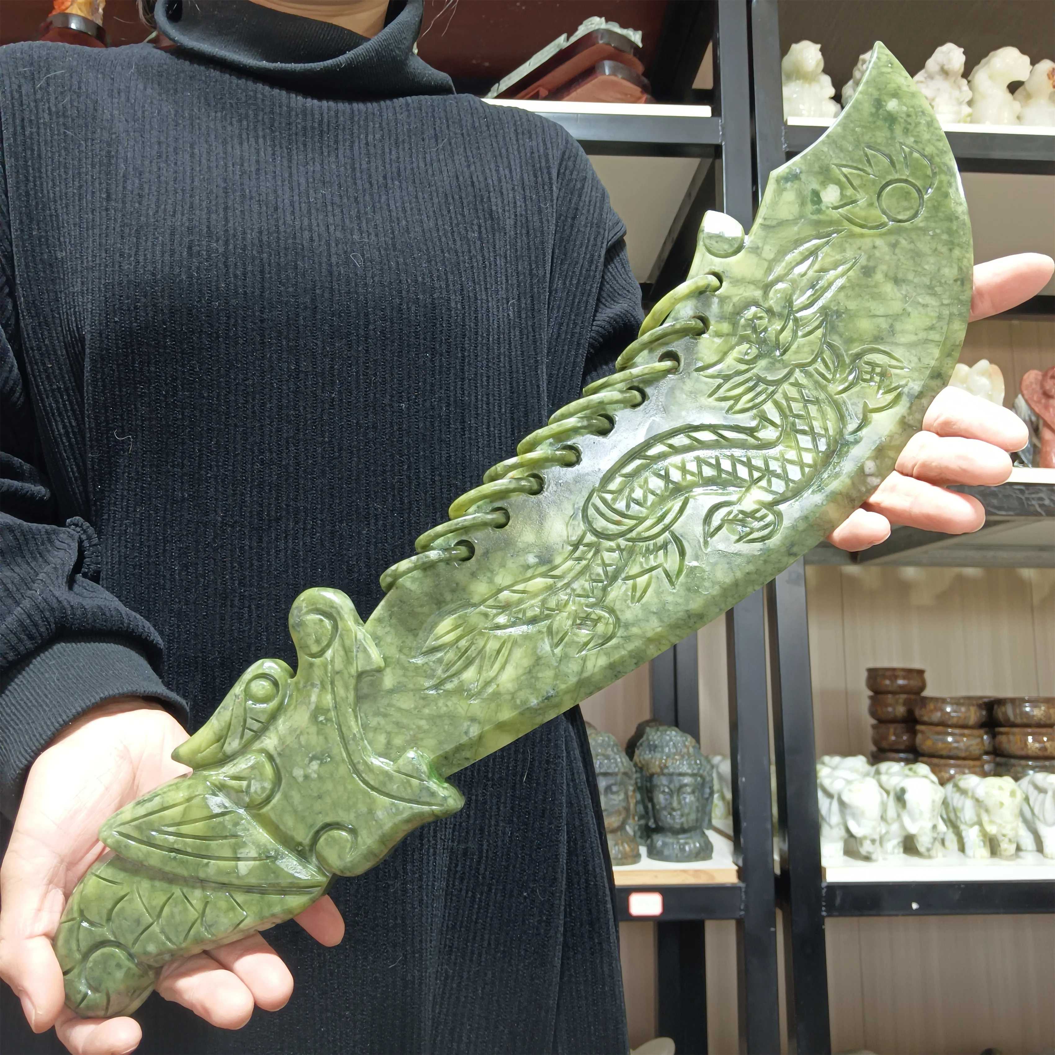 Imagem -04 - Xiuyan Jade Dragon Killer Knife Cristal de Quartzo Mineral Energético Pedra de Cura Reiki Degaussing Meditação Gem Knife 50cm Natural