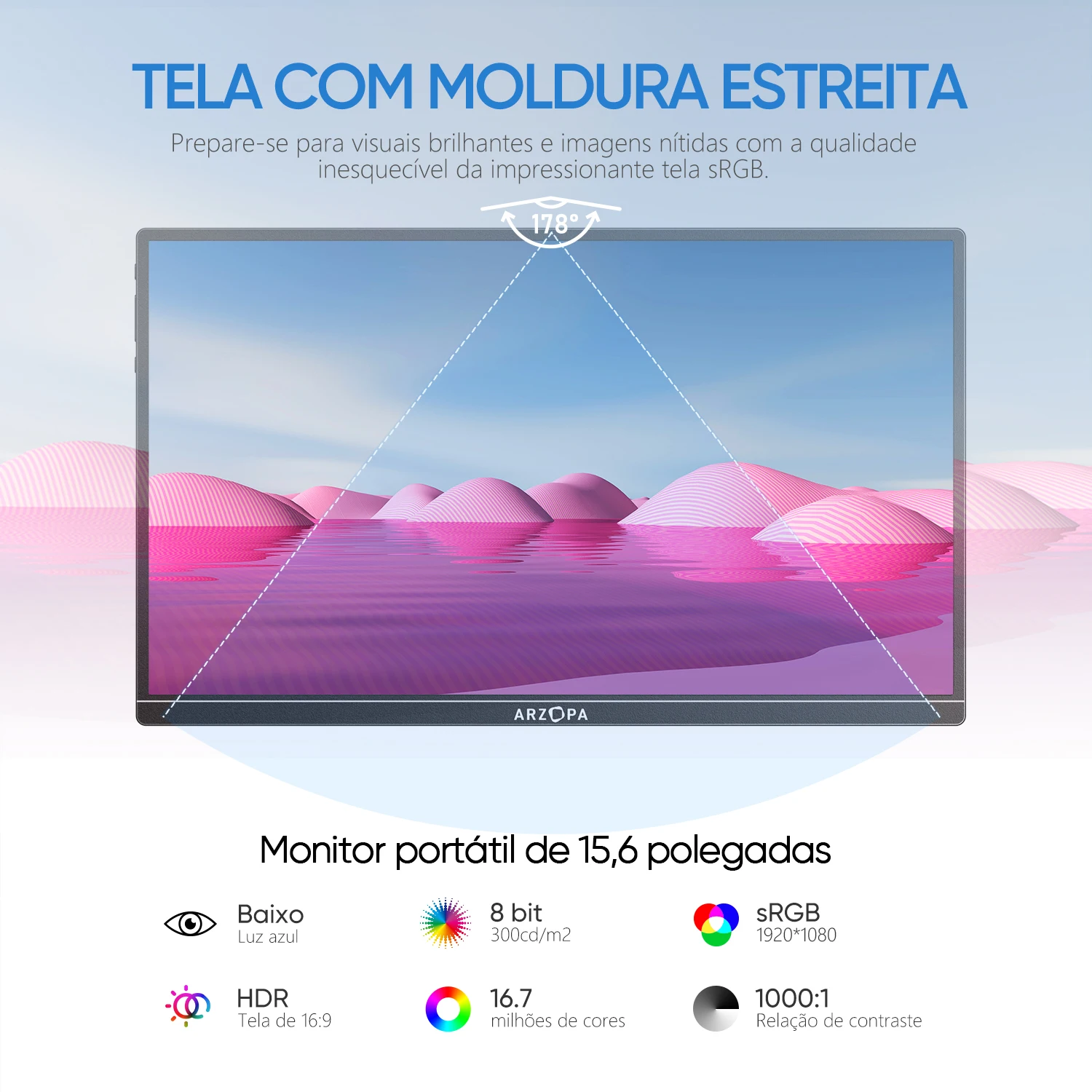 [produto no brasil] Novo ARZOPA  15.6 inch FHD Monitor Portátil 1080P Tela IPS de Exibição Externa com USB-C mini-porta HDMI para Laptop Mac PC Xbox