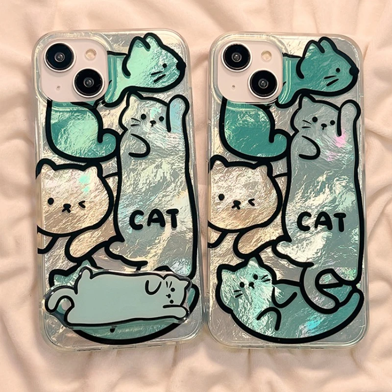 

Kawaii Green Cat Bling Bling Phone Case for IPhone 16 15 14 13 12 11 Xs Xr 7 8 Pro Max Anime Shockproof Cute Protective Cover