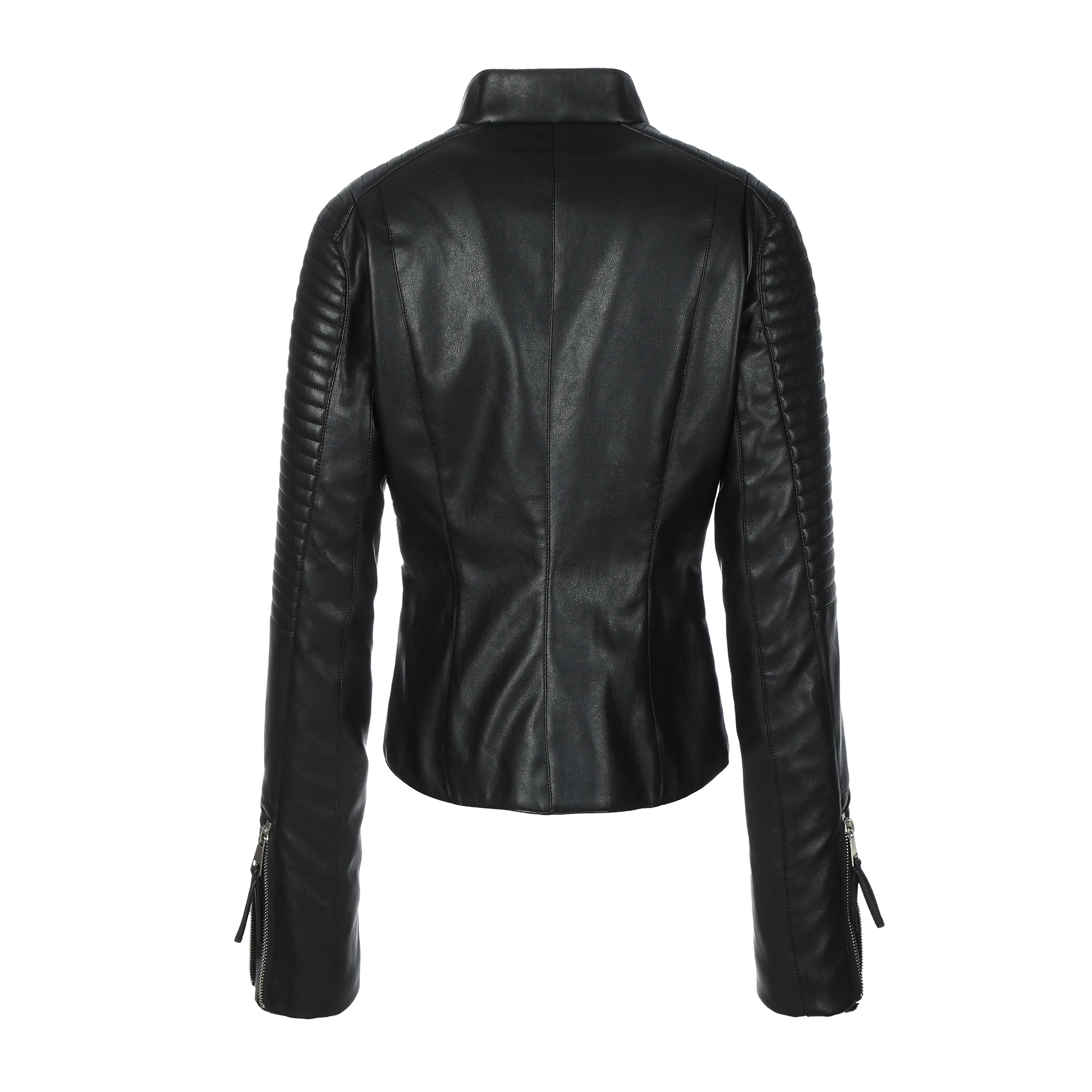 เสื้อแจ็คเก็ตมอเตอร์ไซค์หนัง PU สีดำสำหรับผู้หญิง ทรงเข้ารูป ซิปแบบไม่สมมาตร แต่งลายริบ ให้ความอบอุ่น เหมาะสำหรับฤดูใบไม้ผลิ ฤดูใบไม้ร่วง และฤดูหนาว