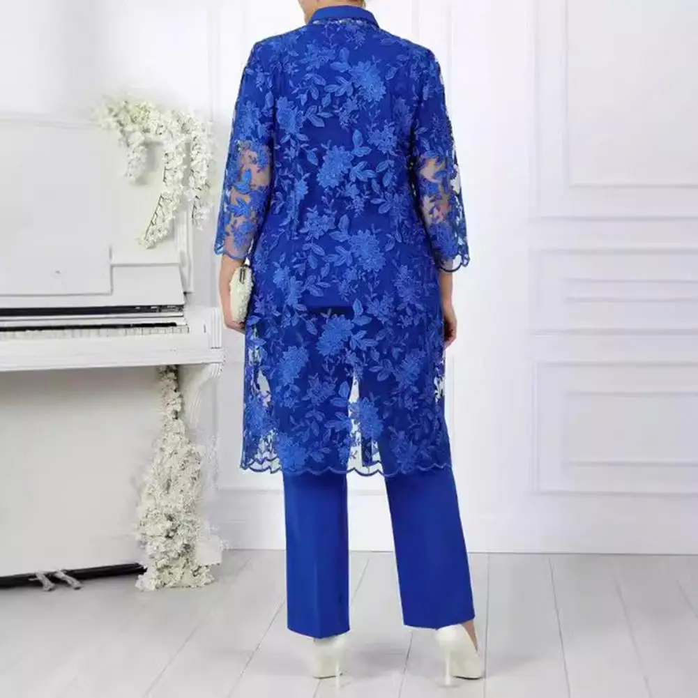 

Floral Embroidery Coat Set Elegant Lace Floral Embroidery Suit for Women Top Coat Pants Wide Leg Trousers Set for Formal Events