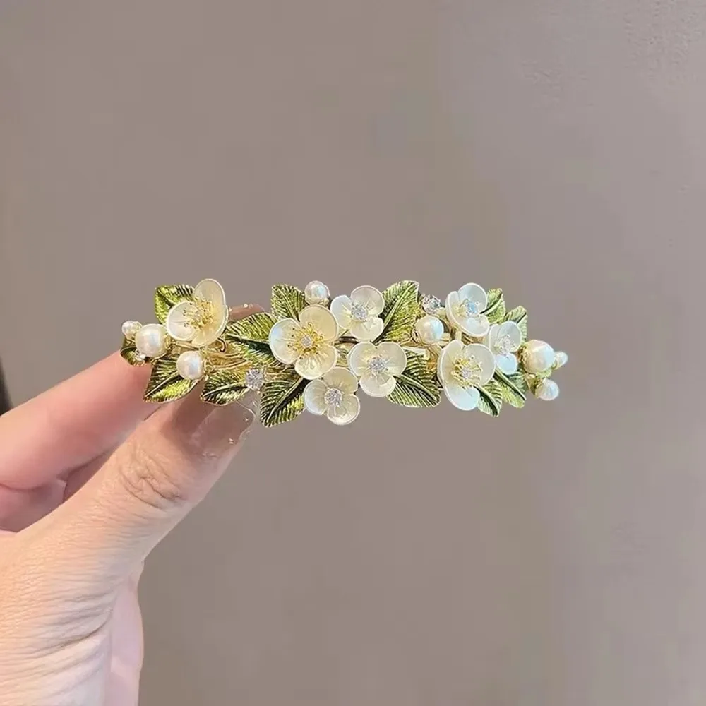 White Pearl Flower Leaf Barrette For Women Girls Gold Green Spring Hair Clip Side Bangs Korean Wedding Party Jewelry Gift