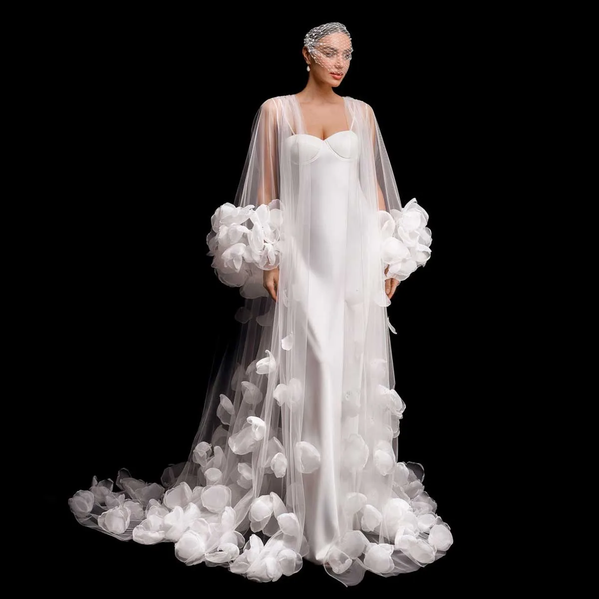 Romantic Petals Bridal Robe Sheer Blossom Tulle Bride Outfit Dress Customized Long Train Maternity Photoshoot Coat Petal Jackets