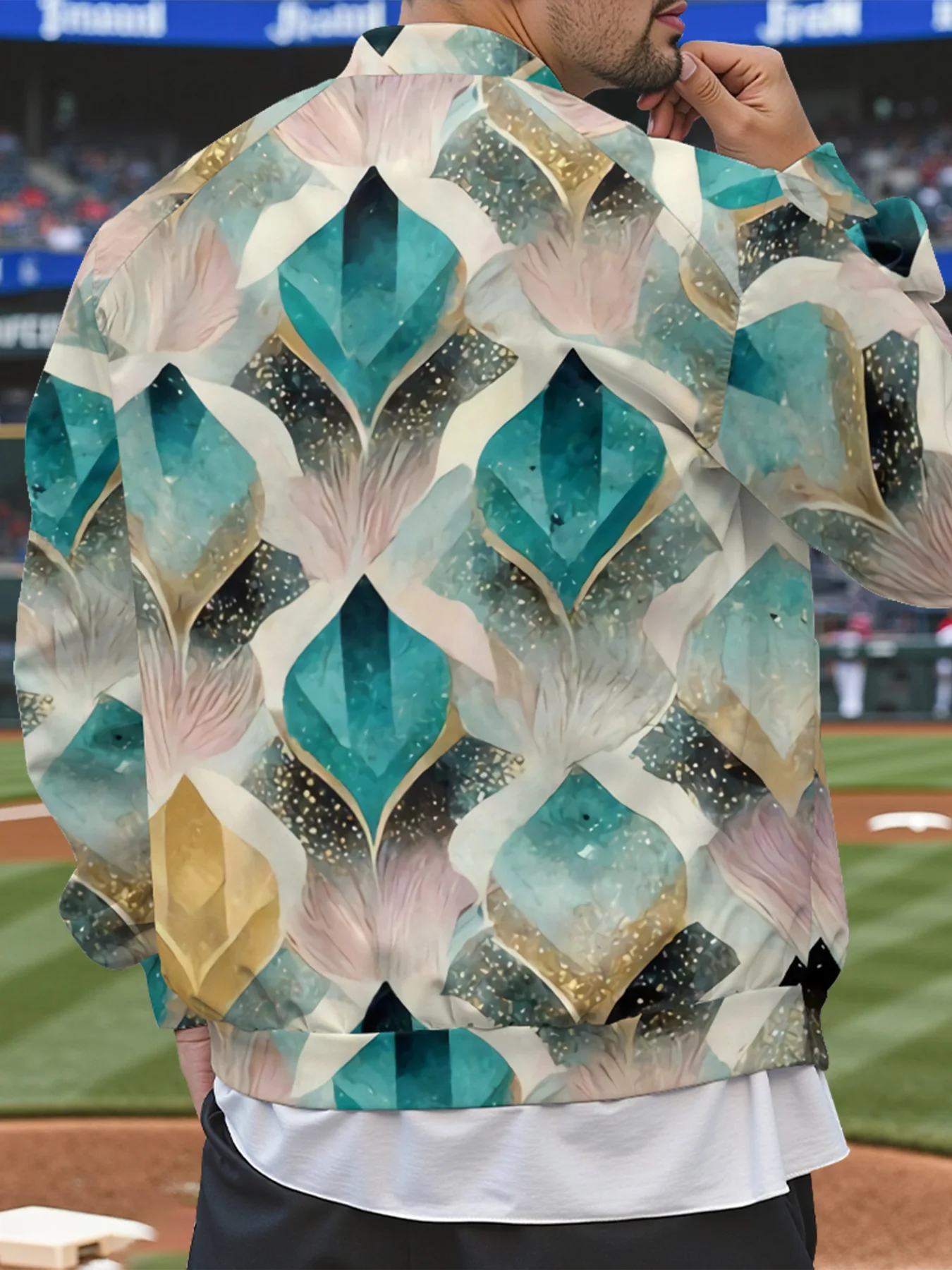 Artistic Geometric Print Waterdrop Pattern Baseball Jacket Gem-Feather Gold Snap Button Closure Korean Street Casual Clothing