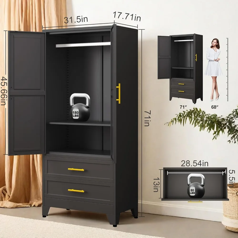 Metal Clothing Storage Cabinets with 2 Doors, 1 Adjustable Shelf and 2 Drawers, Metal Wardrobe Cabinet with Hanging Rod