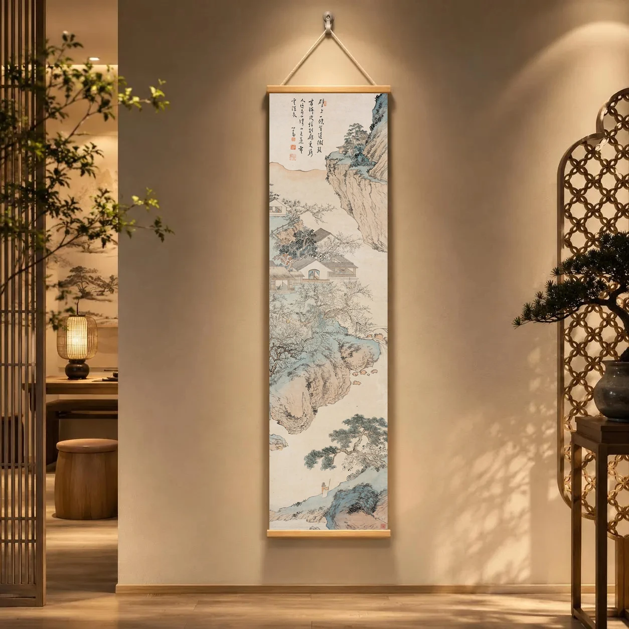 Chinese light colored landscape painting, art printmaking, hanging painting, Pu Ru - Mountain color steaming cloud map
