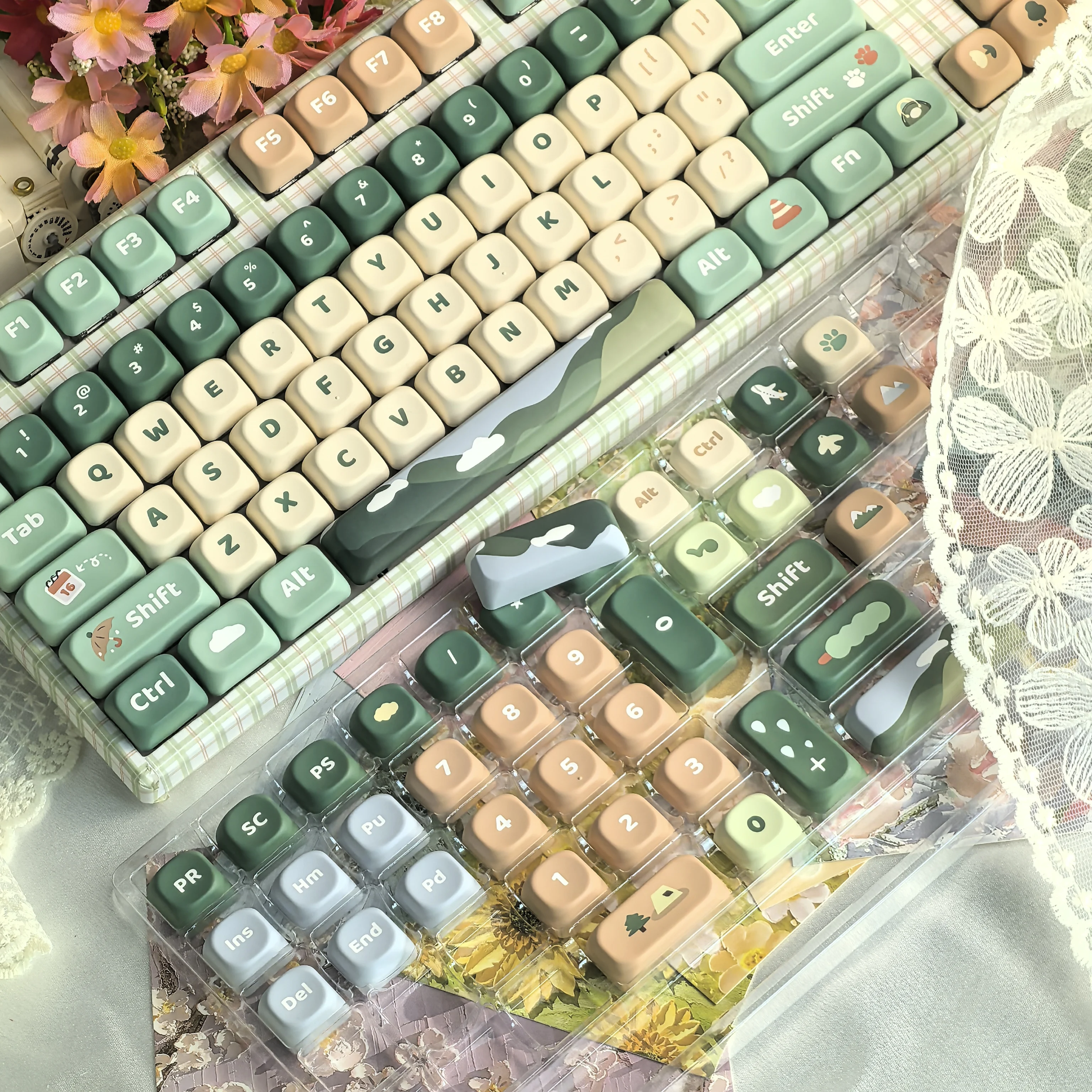 128key Green Cute Keycap MOA Height PBT For Mechanical Keyboard DIY Gift Journey Theme Mountain Element Pink Blue White Keycap