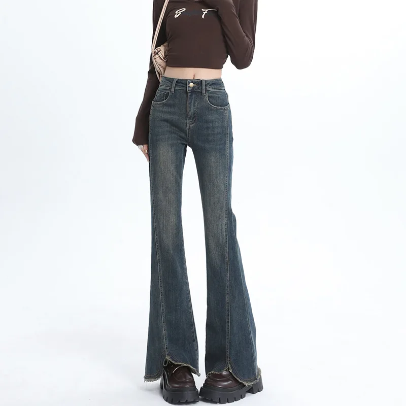 BOWEYLUN جديد ريترو دو قديم مايكرو متوهج الجينز للنساء الخريف عالية الخصر مهدب سبليت الدينيم بنطال ذو قصة أرجل واسعة للإناث