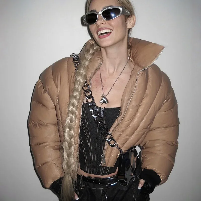 Vestes bouffantes à épaules larges pour femmes, vêtements d'extérieur, mode marron, taille haute, manteaux Slim, couleur unie, col montant court, vêtements chauds pour femmes