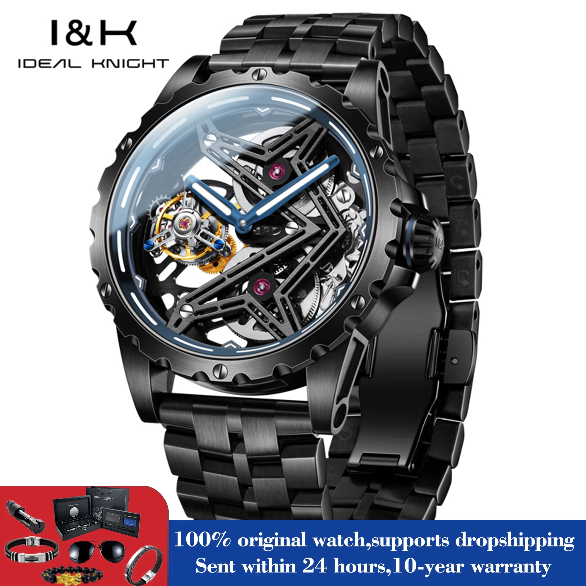IDEAL KNIGHT Diving Men's Watch Sapphire Tourbillon 50M Waterproof Watches For Men Top Luxury Brand Skeleton Mechanical Watches
