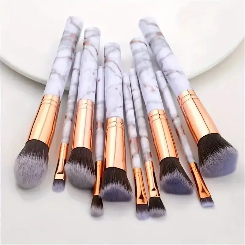 10 Pcs Marble Makeup Brushes Premium Synthetic Kabuki Foundation Blending Face Powder Blush Concealers Eye Shadows Brushes