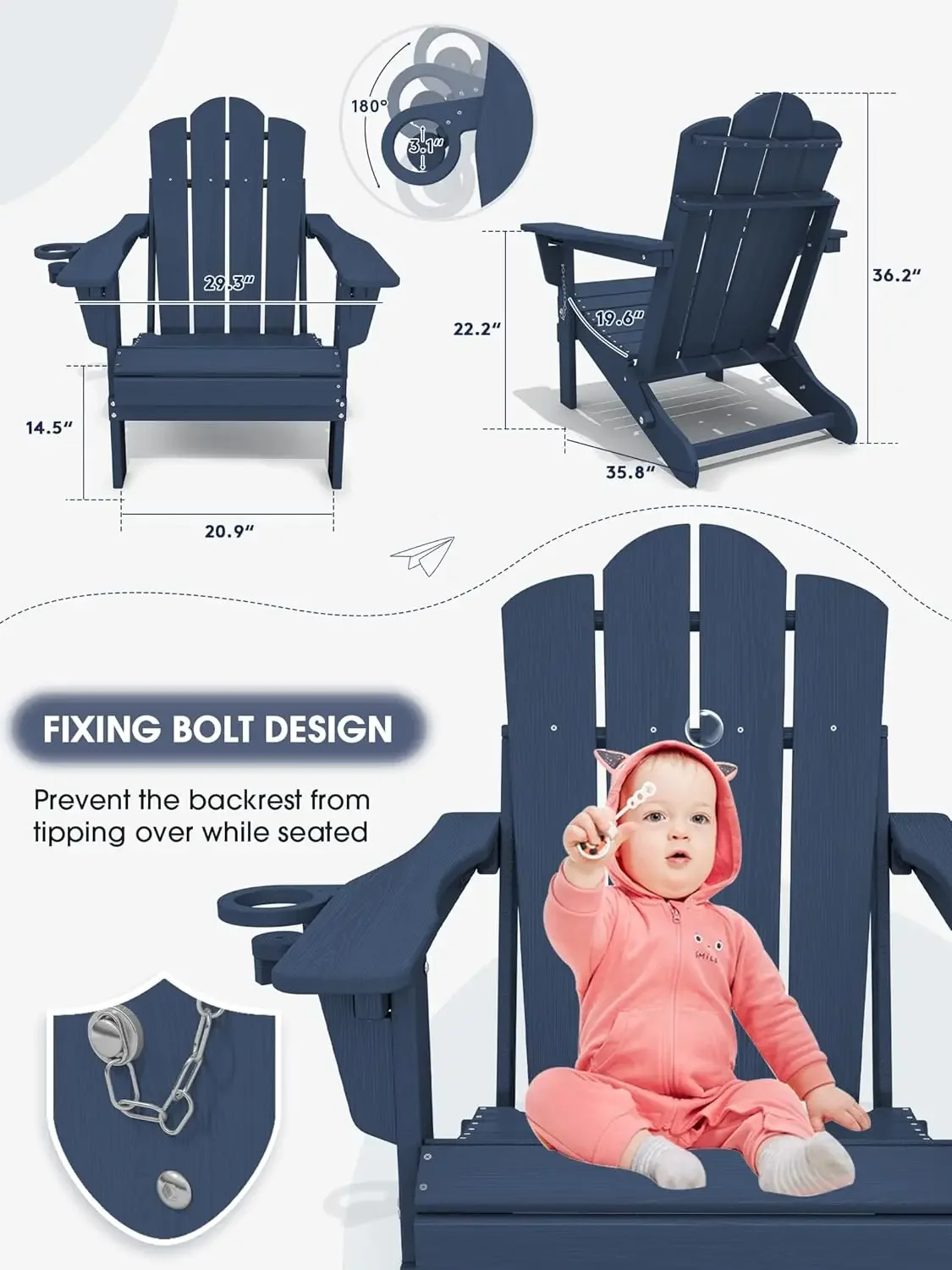 Folding Adjustable Adirondack Chair, HDPE Reclining Adirondack Chair with Cup Holder, All Weather Use Oversize Adirondack