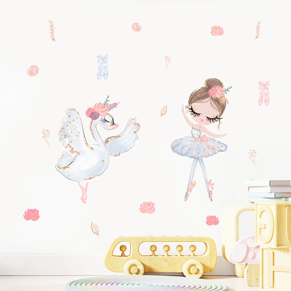 Cartoon White Ballerina Girl Swan Flower Wall Stickers for Kids Room Baby Girls Room Decoration Wall Decals Room Interior