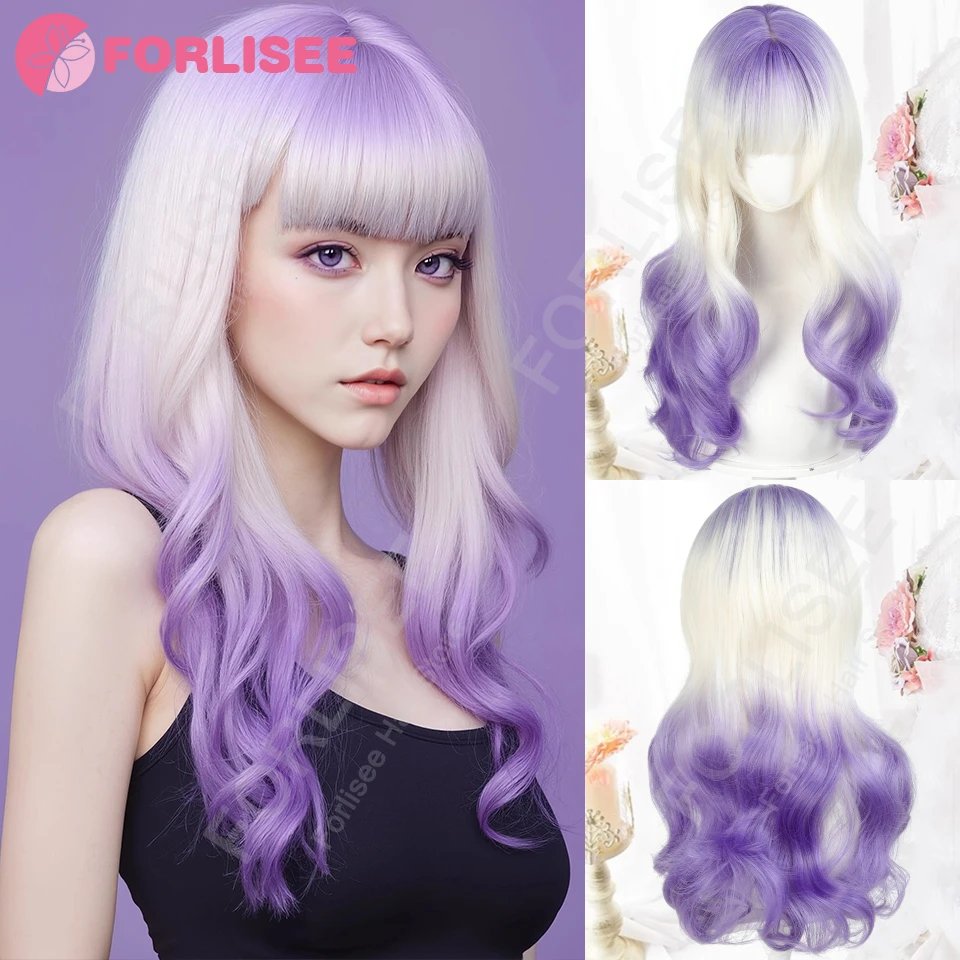 

Синтетический градиентный фиолетовый волнистый парик Лолиты, женский парик, пушистый вьющийся парик с челкой, подходит для Хэллоуина и Рождества LM