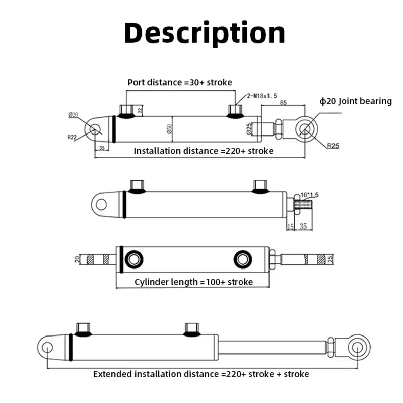Skok 100-1000 mm Cylinder oleju hydraulicznego Chromowany, wytrzymały, dwukierunkowy podnośnik Mała łuparka do drewna 2 tony Hydraulic Ra — zdjęcie 5