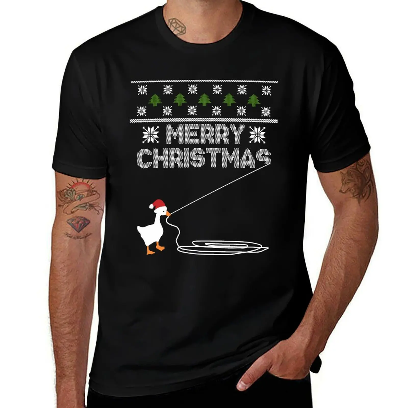 Christmas Goose Montage T-Shirt Basic Solid Color Short Sleeve T-Shirt