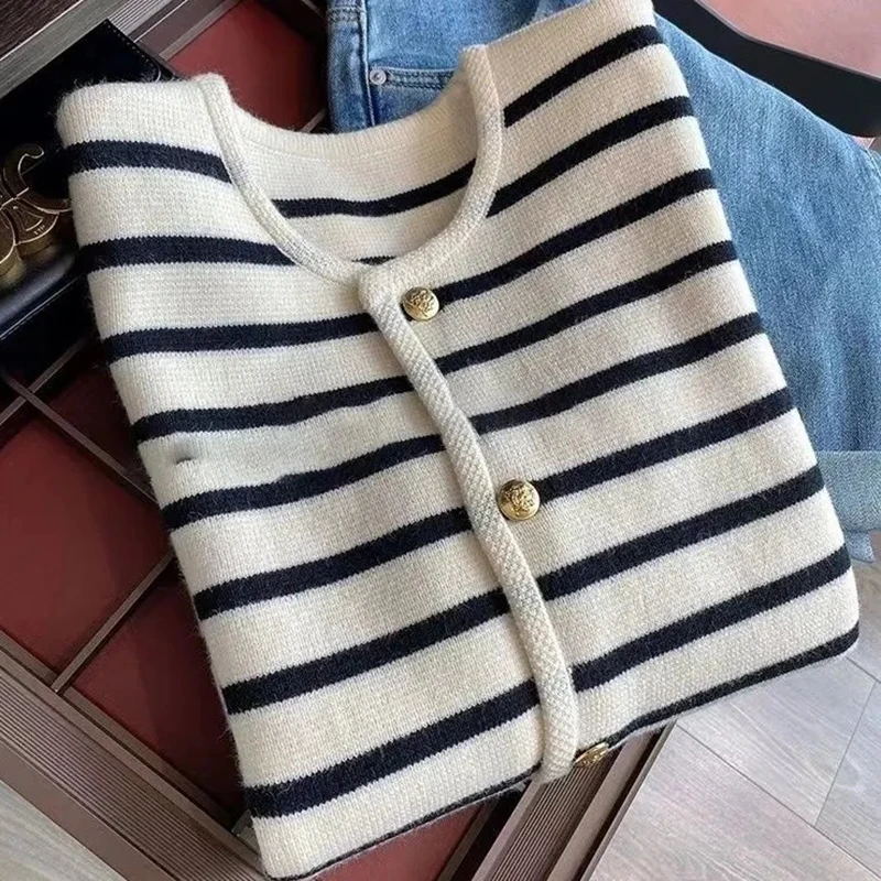 White Black Striped Short Cardigan Women Korean Fashion Sweater Elegant Long Sleeve Top 2022 Spring cardigan women traf