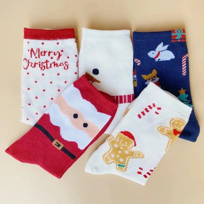 New Christmas Socks Women Set Cartoon Festival Gift Stocking Elk Santa Claus New Year Socks 5 Pairs Cotton Autumn Winter Present