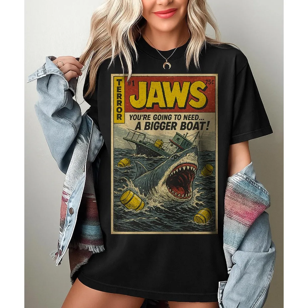 Jaws Themed T-shirt, Movie Merchandise T-shirt, Summer New Retro Unisex Cotton Casual Fashion T-shirt
