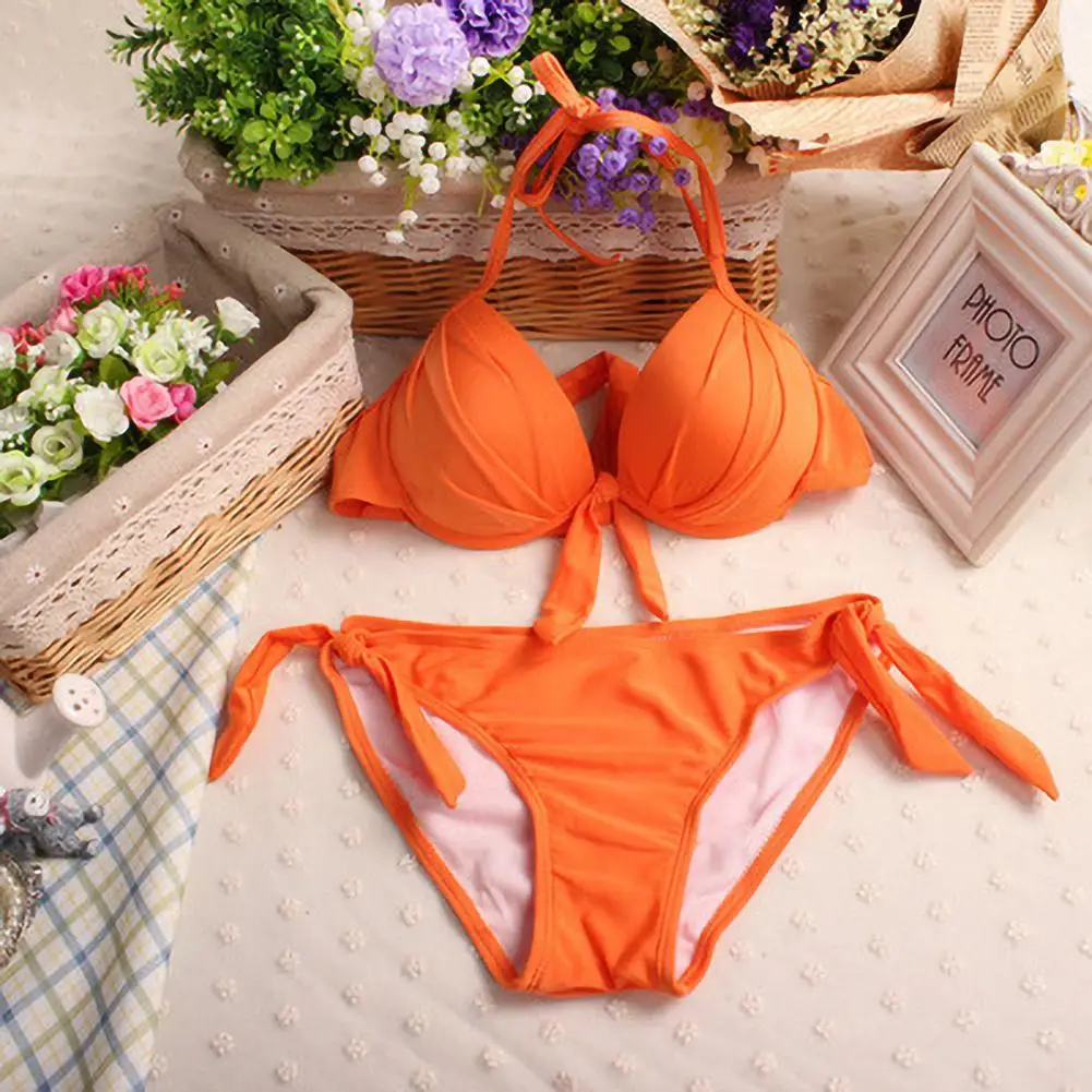 Push-up trójkątny strój kąpielowy zestaw Bikini Push-up Halter z dekoracją z kokardą w kolorze jednolitym kostiumy plażowe dla seksownego wyglądu