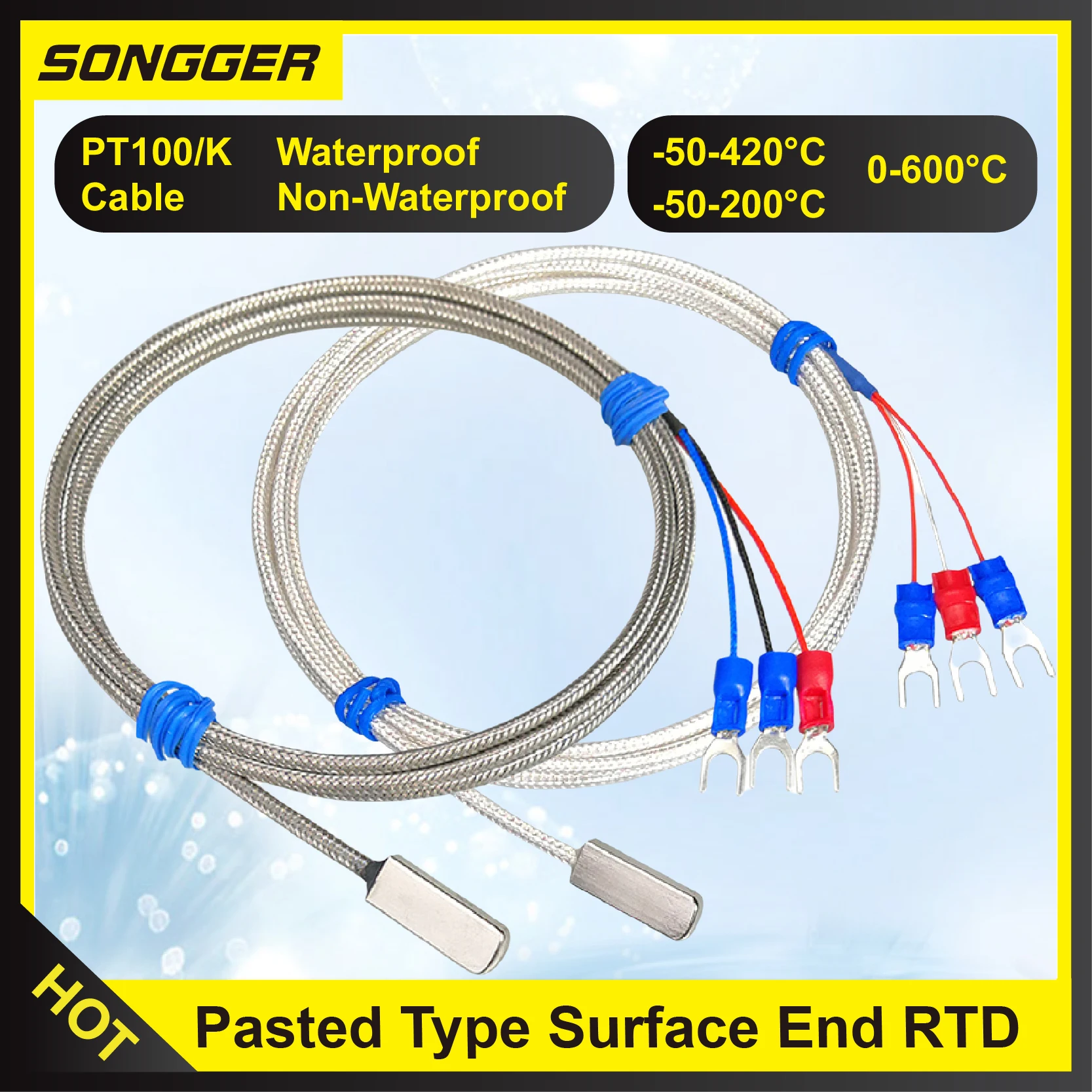 Industrial Pasted Type Surface End RTD Temperature Sensor Pt100 Probe High Accuracy Adhesive No Hole Stainless Steel Braid Cable