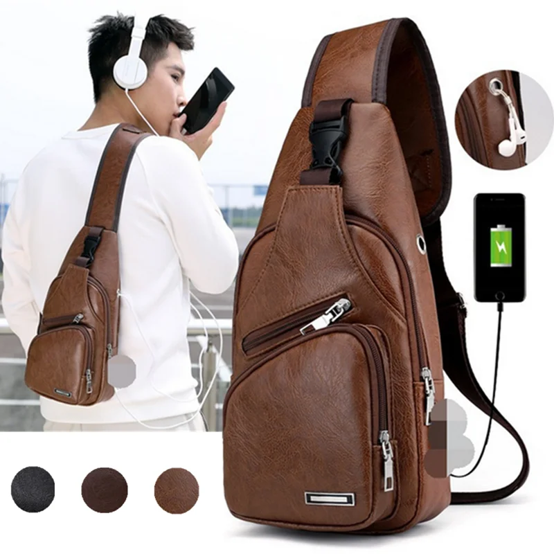 Cross-Border For Custom PU Shoulder Bag Men'S Charging Bag Men'S USB Chest Bag Diagonal Package Messenger Bag Chest New 2022